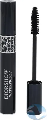 A black mascara tube with the Dior logo and text, and its wand extended.