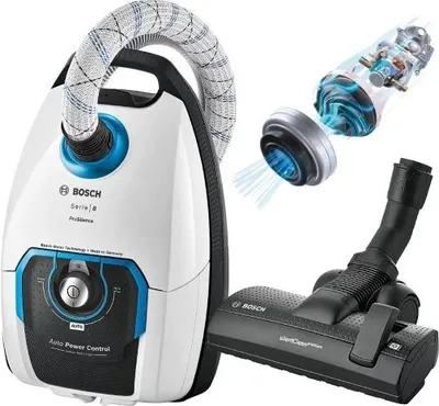 Zdjęcie produktu dla Odkurzacz Bosch BGL8SIL6 Seria 8, Odkurzacz z workiem, 5l, ProSilence, w zestawie. wyjątkowo długa dysza przegubowa, wytrzymały wąż tekstylny, 66 dB, biały