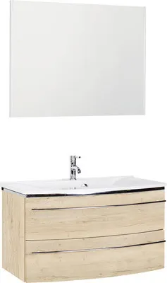 Produktbild von Marlin Badmöbel-Set 3040 BxHxT 92,4 x 198,2 x 48 cm Frontfarbe eiche weiß mit Waschtisch Mineralmarmor weiß, Spiegel mit