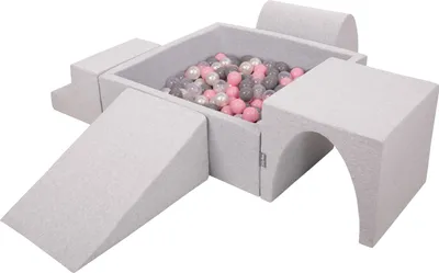 Obrázek produktu pro KiddyMoon pěnové hřiště pro děti s kulatým míčkem (300 ∅ 7cm), měkká překážková dráha a Kvadrát bazén s míčky, certifikováno  EU, Světle šedá:Pearl/Grey/Transparentní/Pudrově růžová, Version 3