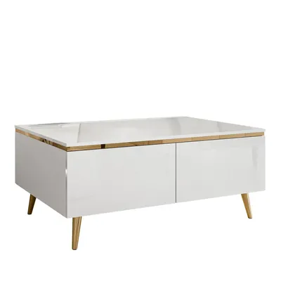 Produktbild von Couchtisch AURORA mit Staufach weiß glänzend mit schräge gold Chrom Beine