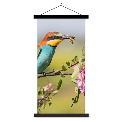 Produktbild von MuchoWow® Textilposter Vogel - Bienenfresser - Blumen 60x120 cm mit schwarzem Rahmen - Magnete