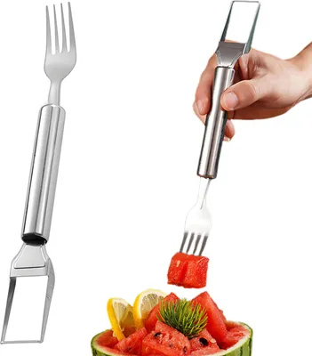 Produktbild von Wassermelonenschneider, Obstgabel, Melonen-Mango-Würfelschneider, Edelstahl, doppelköpfiges Wassermelonengabel-Schneidewerkzeug zum Schneiden