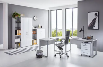 Produktbild von Büromöbel-Set TABOR PRO 4 in lichtgrau / weiß Hochglanz, Arbeitszimmer Komplett-Set
