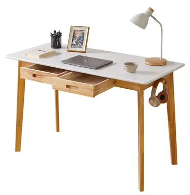 Massivholz-Schreibtisch 120 cm, weiß, 2 Schubladen, mit Haken
