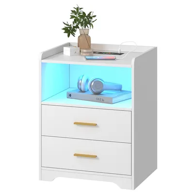 Produktbild von LVSOMT Moderner weißer Nachttisch aus Holz mit RGB LED-Beleuchtung, Ladefunktion und Steckdose, Praktischer und stilvoller Nachtschrank für das Schlaf