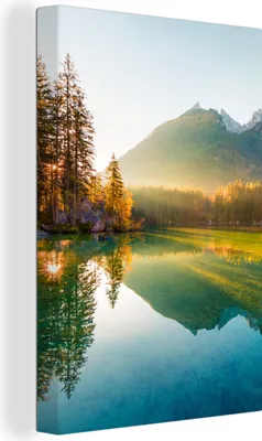 Produktbild von OneMillionCanvasses® - Leinwandbilder - 90x140 cm, See - Wald - Berge - Natur - Sonne - Landschaft, Wandbilder Kunstdruck Wanddekoration - Foto auf Leinwand - Gemälde auf Holzrahmen - Wandschmucke - Schlafzimmer