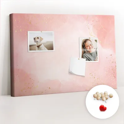 Obrázek produktu pro Korková nástěnka s kolíčky - Tabule s kolíky pro fotografie a poznámky - 60x40 cm - Připínáčky dřevěné 100 kusů - Růžový mramor