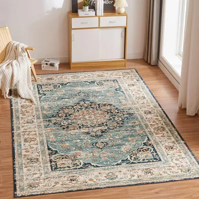 Immagine prodotto di Tappeto lavabile per soggiorno, 120x170 cm, stile vintage, pelo corto, design orientale, colore blu