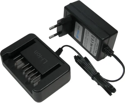 A black battery charger and power adapter are shown on a white background.