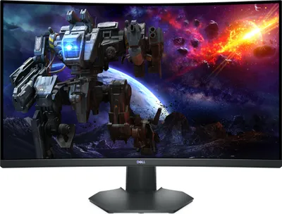 A curved gaming monitor displaying a futuristic scene with a robot and a planet.