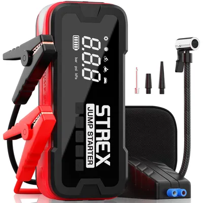 Image de Démarreur de voiture Strex 12V avec compresseur - 4000A / 24.000 mAh - Aide au démarrage 5-en-1 avec compresseur, powerbank, lampe torche LED et lumière SOS - Incl. Coffret rigide