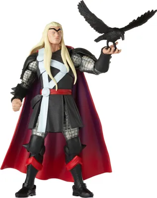 A full-body shot of a Thor action figure holding a black bird.