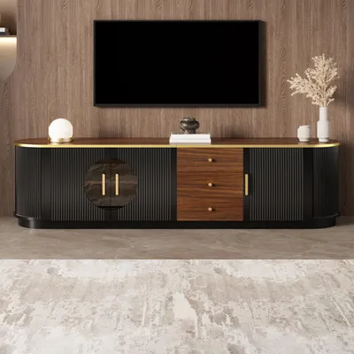 Immagine prodotto di Mobile TV Merax in MDF con vetro ambrato, mobile TV basso con 3 ante e 3 cassetti, mobile TV da salotto con effetto ondulato e sistema di gestione dei cavi, nero