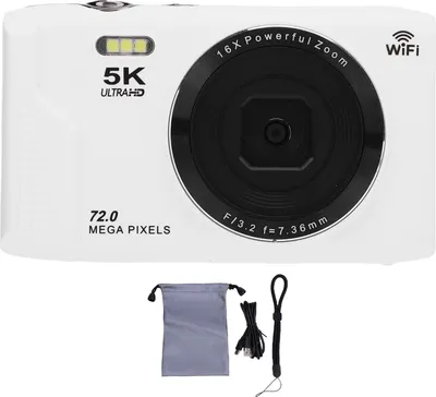 Zdjęcie produktu dla aparat cyfrowy 5K, 72 MP, 2,8-calowy ekran Ultra HD, 16-krotny zoom, autofokus, Wi-Fi z wbudowaną lampą błyskową, do fotografii podróżniczej, biały, 64 GB