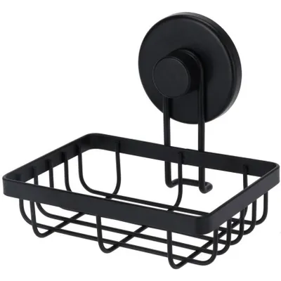 A black metal soap dish with a suction cup mount.