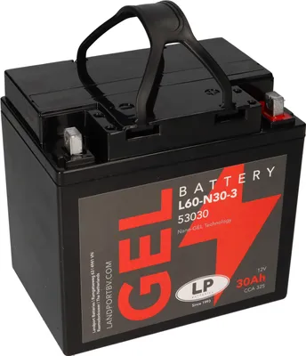 A black gel battery with a red arrow graphic and text labels.