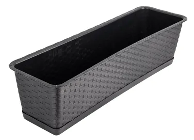 Produktbild von BigDean 3er Set Blumenkasten mit Untersetzer 70 cm lang Rattan-Optik anthrazit - aus PP-Kunststoff - Balkon Pflanzkasten schmal Balkonkasten