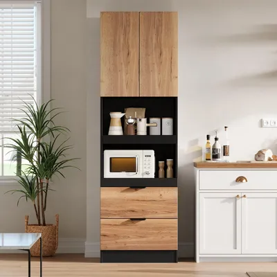 Image de Armoires de cuisine de 200 cm, portes, tiroirs, étagère pour micro-ondes, système anti-basculement (noir)