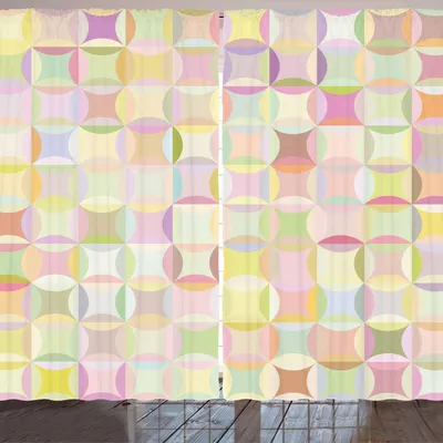 Obrázok produktu pre ARANDE Pastelová záclona, retro vzor s bodkami, ktoré sa prelínajú s farebnými štvorcovými funky potlačami, 280 x 260 cm, viacfarebná