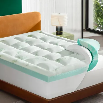 Obrázek produktu pro NicePlus, vrchní matrace 2 v 1, 90x200x7 cm, pěna s paměťovou vlastností (5 zón) + vrchní vrstva z bambusu, s gumovými rohy pro všechny typy matrací, tvrdost H2/H3, zelená barva