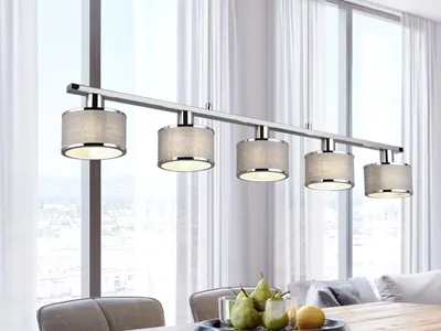 Produktbild von LED Balkenpendelleuchte 5-flammig über Esstischlampe hängend Stoff Lampenschirme