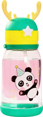 Obrázek produktu pro 600 ml láhev na vodu ve tvaru paroží, kreslená dětská láhev s brčkem, přenosný hrnek pro děti, zelená panda