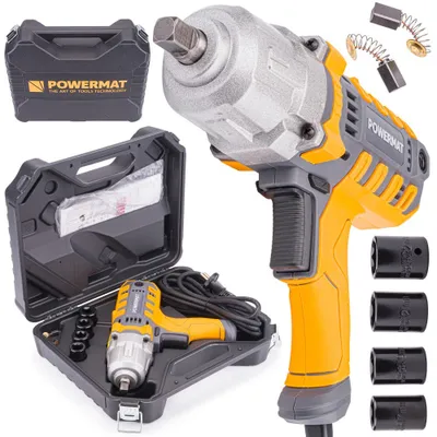 A collage of images showing an electric impact wrench, its accessories, and its carrying case.