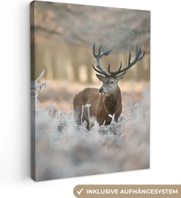 Produktbild von MuchoWow® - Leinwandbilder - Hirsche - Tiere - Winter, Wandbild, Wanddeko Bilder Wohnzimmer, 90x120 cm