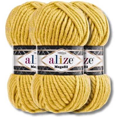 Productafbeelding van Alize 3x 100g Superlana Megafil, dikke wol, effen kleur, geschikt voor haken en breien (Mostergele kleur - 488)