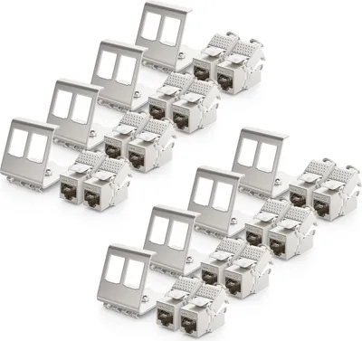 Produktbild von deleyCON 16x CAT6a Keystone Jack Modul mit 8x 2-Port Hutschienenadapter als Set Metall STP Schirmung RJ45 Buchse 10 Gbit/s Netzwerk Snap-In Montage für 35mm Hutschienen