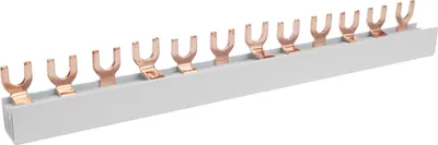 A product shot of a busbar with multiple fork-shaped connectors.