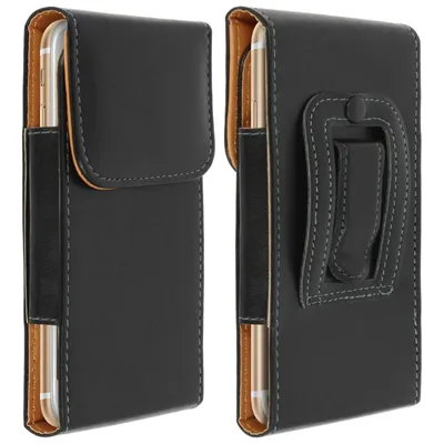 Two views of a black leather smartphone belt pouch, one showing the front flap closed and the other showing the back with a belt clip.