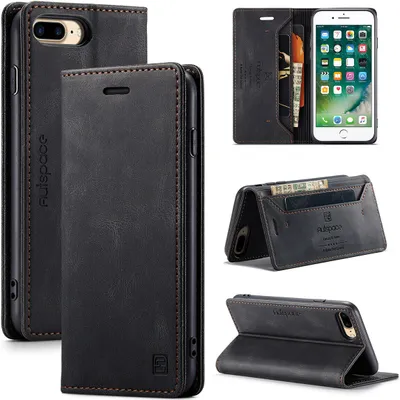 Produktbild von iPhone 8 Plus Brieftasche Hülle, Retro Kunstledertasche Stand Schutzhülle für iPhone 7 Plus / 8 Plus Schwarz