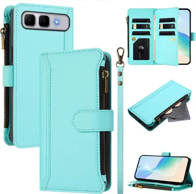 Immagine prodotto di Custodia per Infinix Smart 10 Plus, con cerniera, custodia flip wallet in Finto cuoio con tasche per carte, supporto e passante per mano verde menta