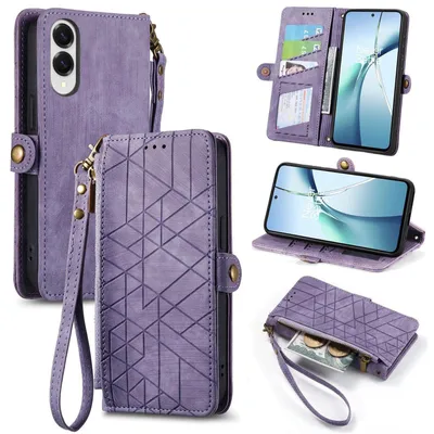 Produktbild von Für Samsung Galaxy S25 Edge 5G Geometric Design Kunstleder Zipper Book Wallet Tasche mit Schlaufe Lila