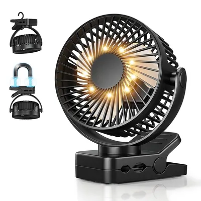 Produktbild von 4-in-1 USB-Ventilator 6 Zoll, 12000mAh Akku, Tisch-/Clip-/Magnet-/Hängeventilator, 360° drehbar, LED, Timer, Fernbedienung, Schwarz
