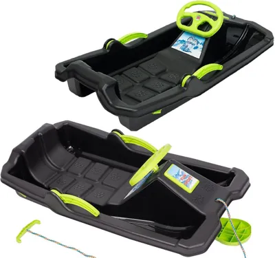 Zdjęcie produktu dla Plastikowe sanki z hamulcem i kierownicą - 84×43×25 cm, czarno-zielone
