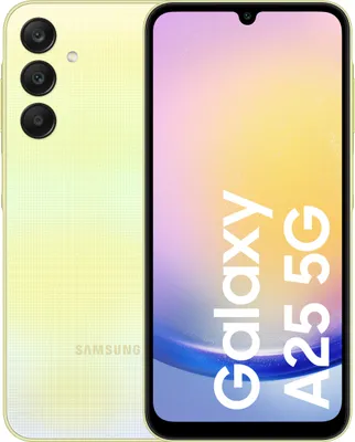 A product shot of a yellow Samsung Galaxy A25 5G smartphone, showing both the back and front.
