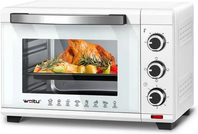 Zdjęcie produktu dla Mini piekarnik do pizzy o pojemności 28 litrów, moc 1600 W, zakres temperatur 100-230 °C, 3 tryby ogrzewania, kolor biały, wymiary: 47,4 x 29,5 x 29,3 cm