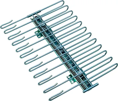 A metal pant rack with multiple hangers, shown against a white background.