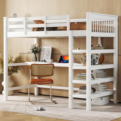 Produktbild von Sweiko Hochbett, 90 x 200 ,Kinderhochbett mit Ablagefächern und Unterbettschreibtisch,Ohne Matratze, Weiß