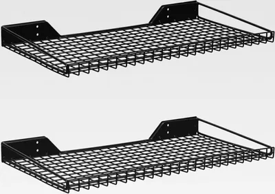 Produktbild von Garagen-Wandregal, 2 Stück, 59,9 x 30 cm, Wandhalterung, robuste Metallregale, Netz-Aufbewahrungsregal für Garage, Büro, Keller und Küche, maximale Traglast 29,5 kg (schwarz)