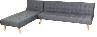 A dark gray sectional sofa with tufted cushions and light wood legs is shown against a white background.