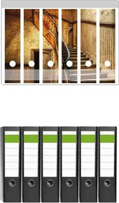 Produktbild von Wallario 6 Stück breite Ordner inkl. Klebeetiketten mit Motive Rustikale Holztreppe -  Set mit Rückenschildern / Ordnerrücken Stickern