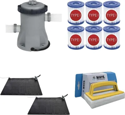 Produktbild von WAYS - Poolpflege - 2x Solarmat & Filterpumpe 1249 L/h & 6 Filter Typ I & WAYS Scheuerbürste