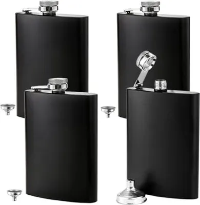 Produktbild von Lawei 4er Pack Flachmann mit 4 Trichter Taschenflasche Edelstahl Schnapsflasche Trinkflasche Auslaufsicher Geschenkidee - 240 ml, Schwarz