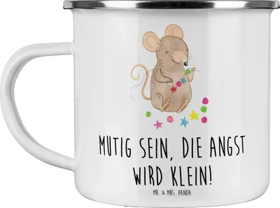 Produktbild von Mr. & Mrs. Panda Emaille Tasse Angst überwinden - Weiß - Geschenk, Tapferkeit, Mut, Freude, Teetasse, Liebe, Zuversicht, Trost, Gefühle, Campingbecher, Hoffnung, Pott