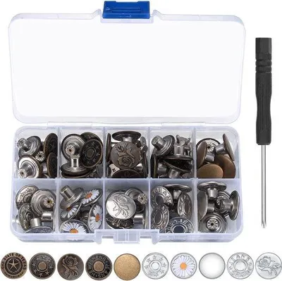 Produktbild von Metalische Jeansknöpfe, 17 mm, für Jeans-Hosen, mit Schraubendreher, verstelbare und entfernbare Instant Clips Snap Pins
