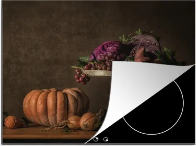 Produktbild von KitchenYeah© Herdabdeckplatte Stilleben - Malerei - Weintrauben - Kürbis - Obst , 57x51cm, Küche Deko, Glaskeramikkochfeld Herdabdeckung, Abdeckplatte fùr Kochfeld